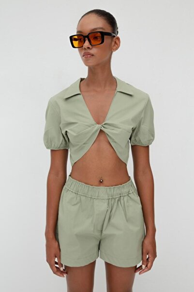 BSL %100 Cotton Burgulu Crop Bluz