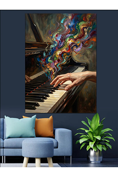 Artmeg Pânză decorativă cu melodie colorată din taste de pian - Masă din lemn...