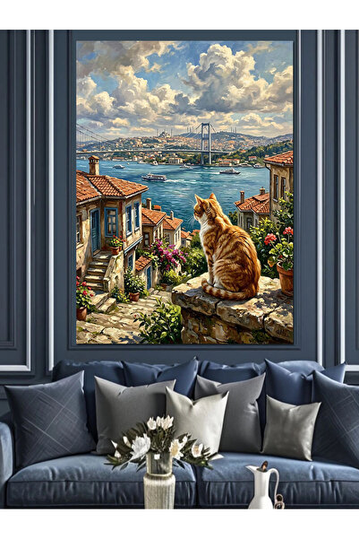 Artmeg Pânză decorativă cu pisică așezată pe balcon cu vedere la munte - Masă...