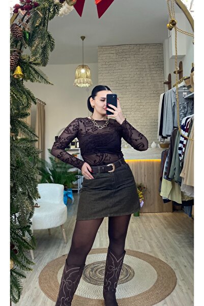 Butik Kadın Kahverengi Desenli Şeffaf Tül Bluz - Uzun Kollu Bohem Şık Bluz