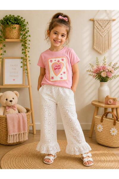 elzo collection Girl's Scalloped Lined Pants and Cotton Top Set
