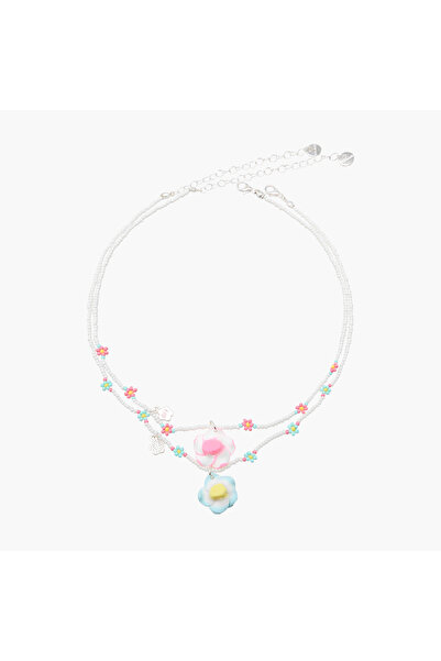 Lifestyle Set of 2 - Silver Tone Necklace with Floral Beaded Design
