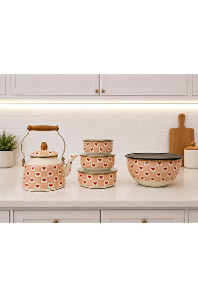 HOME SET Vintage Kalpli Emaye Mutfak Seti – Çaydanlık, Saklama Kapları ve Kar...