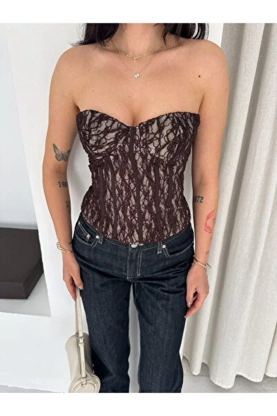 Savira Zippered Lace Corset Strapless Bustier Transparent Stylish Top - Brown