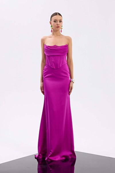 Carmen Fuchsia Satin Evening Dress with Embroidered Collar