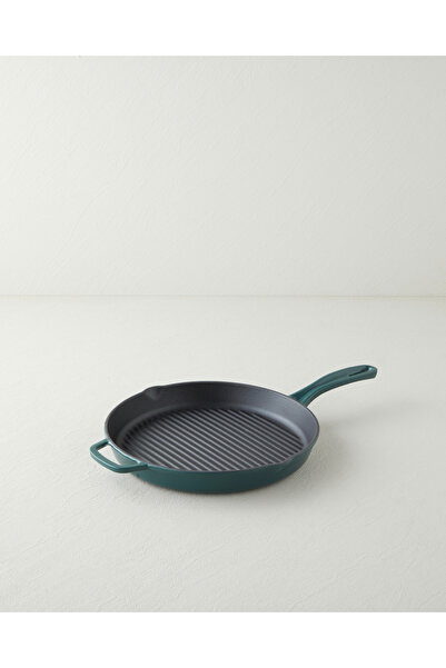 Hecha Demir Döküm Yuvarlak Grill Tava 28x4 cm Mat Yeşil
