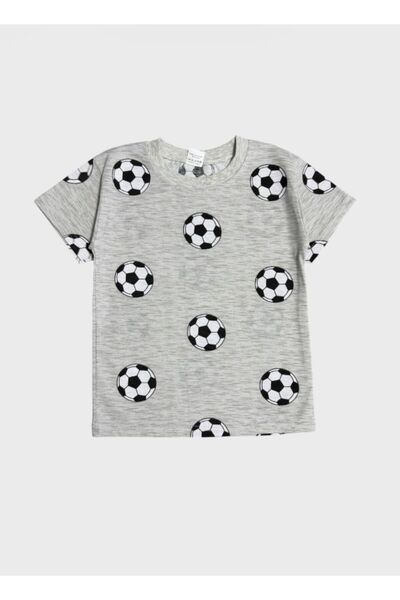 ALİŞ KİDS Boys' Cotton Gray Football Patterned Short Sleeve Shorts Summer Pajama Set