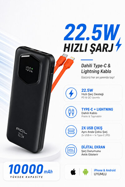 Seyoni 10000 mAh 22.5W Hızlı Şarjlı Powerbank Dahili Type-C & Lightning Kablolu
