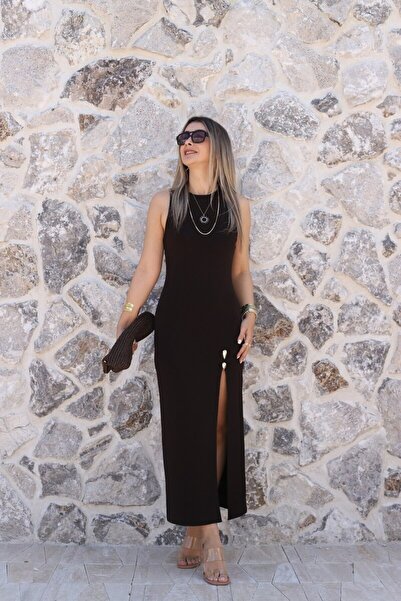 bytugcekaya Καφέ πλεκτό φόρεμα στάνταρ μέγεθος με αξεσουάρ