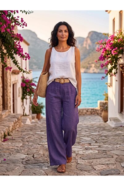 Punta Otantik Pts20110 Italian Straw Belted Wide Leg Linen Trousers Purple