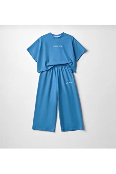 Kız çocuk pamuklu mavi t-shirt pantalon takım bol kesim