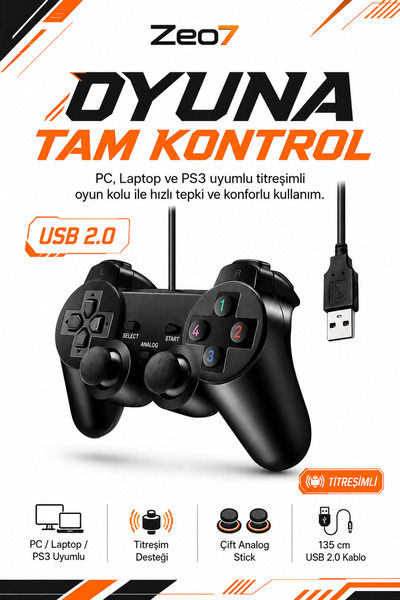 Zeo7 Bilgisayar Oyun Kolu Kablolu USB Gamepad – PC & PS3 Uyumlu, Çift Titreşi...
