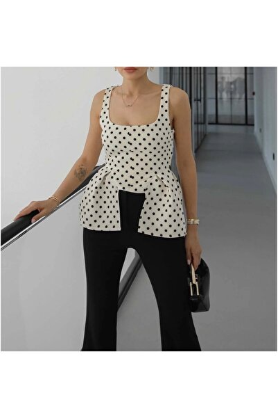 Butik Peplum Detaylı Puantiyeli Bluz