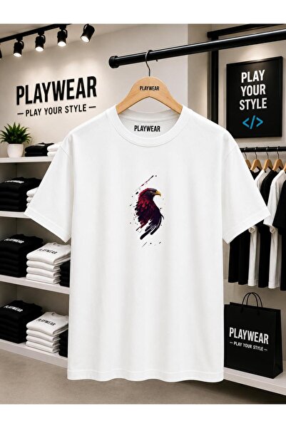 playwear Red Eagle Chest Printed 100% Cotton Oversize Loose Regular Fit Crew ...