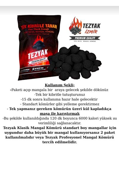 TEZYAK Mix Tek Kibritle Yanan Yeni Nesil Mangal Kömürü 2Kg ×5Paket Tezyakİzmir