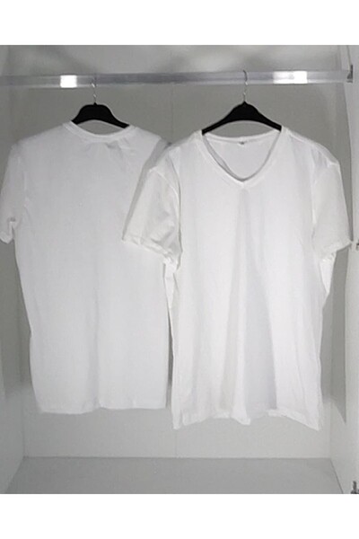 T Shirt Erkek T-Shirt V Yaka Tİşört İKİ ADET Beyaz Beyaz Slim Fit Dar Kesim %95 Pamuk % 5 Likra T-Shirt( Tişört )