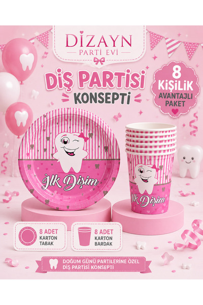 Dizayn Parti Evi İlk Dişim Temalı 8 Kişilik Parti Seti 8 Tabak 8 Bardak Pembe...
