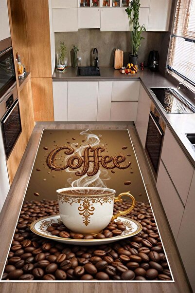 Pelura Halı Coffee Yazılı Baskılı Kaymaz Yıkanabilir Mutfak Halısı Kahve Köşe...