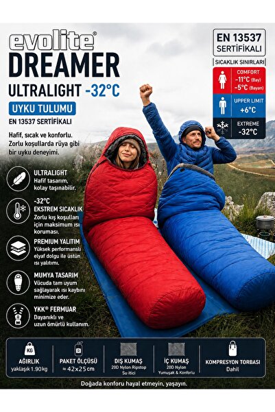 Evolite Dreamer Ultralight -32°C Kışlık Kamp Uyku Tulumu Seti - Kırmızı/Mavi ...