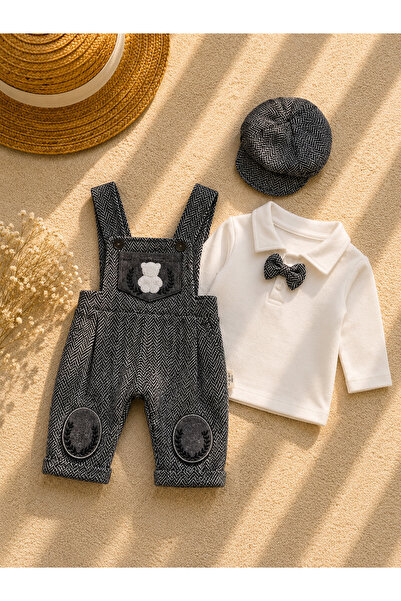 ÇAKAR BEBE Baby Boy Salopet Set with Bow Tie and Hat, Herringbone Pattern, 3-...