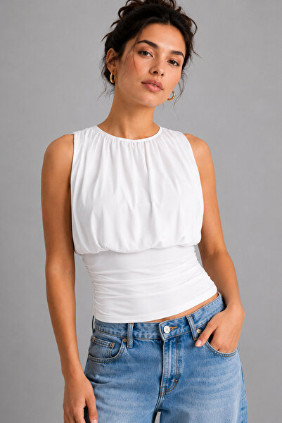 Edela Waist-Fitted Top with Loose Fit and Drawstring, Sleeveless Blouse