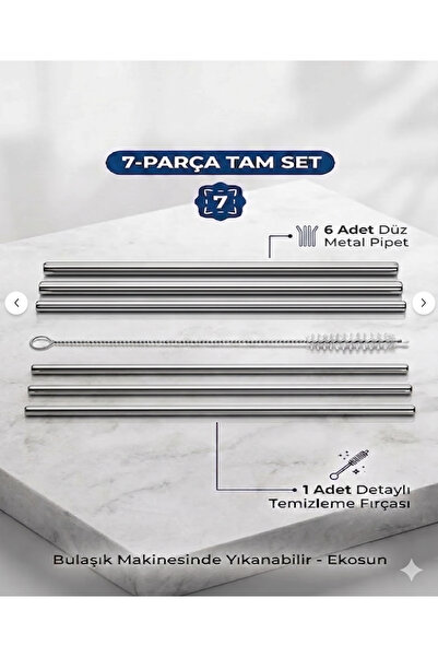 Razmo Paslanmaz Çelik Pipet Ve Temizlik Fırçası 7 Parça Set Yıkanabilir Çizil...