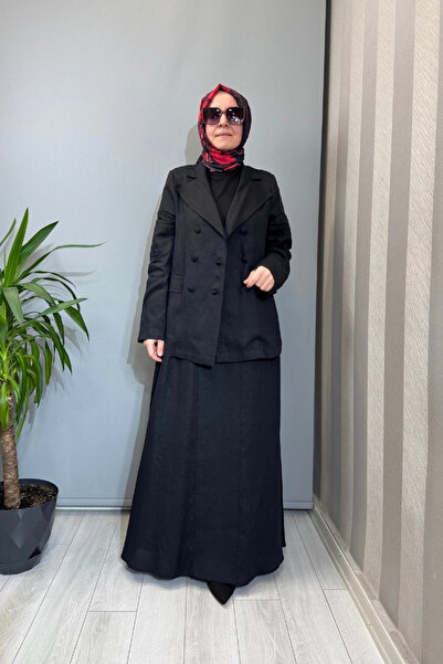 MISS DALIDA Kruvaze Kesim Keten Uzun Ceket Siyah 2268257