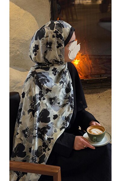 Qalortex Scarf Βαμβακερό σάλι με σχέδιο κήπου - Μαύρο
