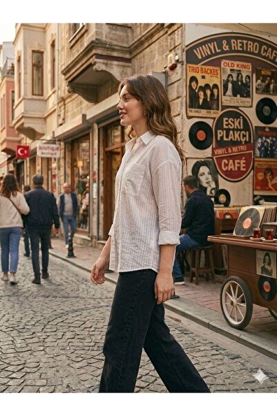 ZDN JEANS Kadın Bej Rahat Kesim Keten Gömlek