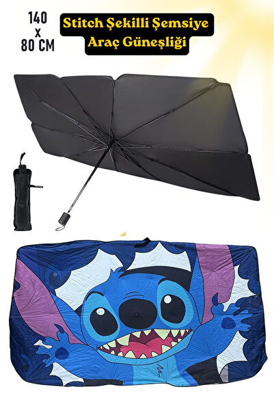 ALFAGİFT Stitch Şekilli Şemsiye Araç Güneşliği Katlanabilir Oto Ön Cam Güneşl...