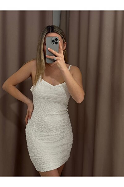AlisBoutique Gofre Dokulu İnce Askılı Mini Elbise