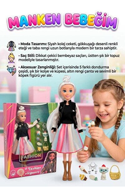 Tıfıl Toys Kolej Ceketli Manken Bebek Seti - Gökkuşağı Eteklli Dondurma Akses...