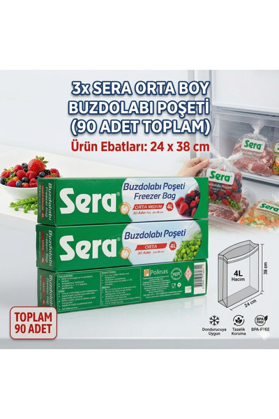 SERA BUZDOLABI POŞETİ 24 X 38 cm 4 LT KAPASİTE 30 LU 3 PK TOP 90 TEK
