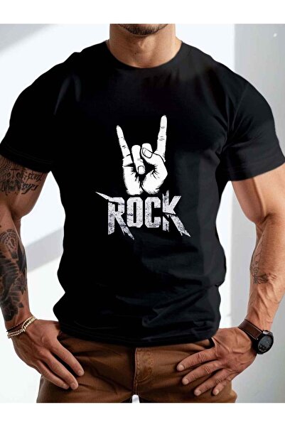 bolivia's تي شيرت رجالي أسود بتصميم جريء لشعار ROCK وعلامة السلام - ياقة دائر...