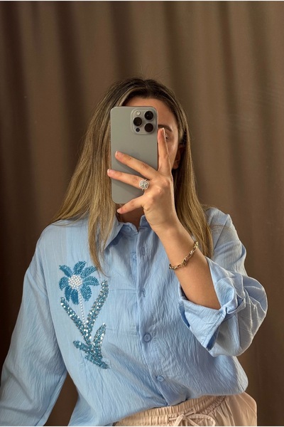 AlisBoutique Boncuk İşleme Detaylı Yazlık Çizgili Gömlek