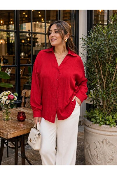 ZGfashion Kadın Kırmızı Oversize Salaş Dökümlü Gömlek