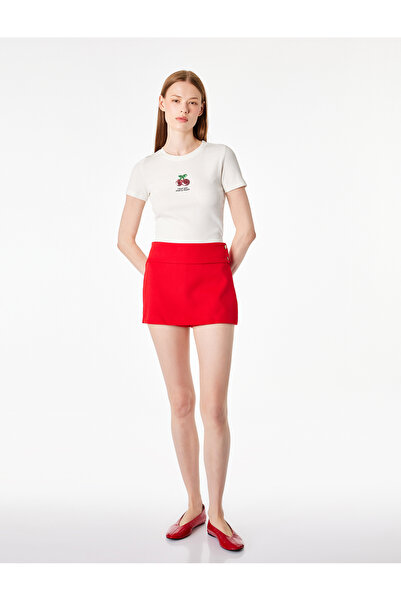 Koton Cotton Patch Embroidered Crew Neck Short Sleeve Cherry Print T-Shirt
