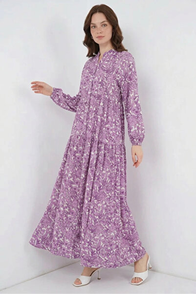 buğrahayalin Women's High Collar Gathered Waist Floral Patterned Viscose Lila...