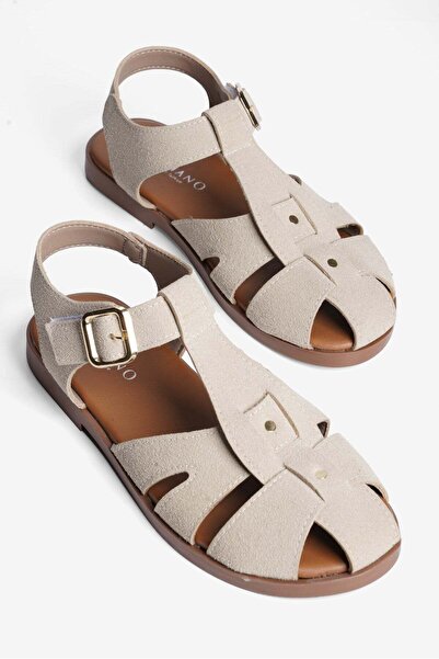 Mubiano Women's Suede Sandals with Gold Buckle, Casual and Stylish, Talise Beige