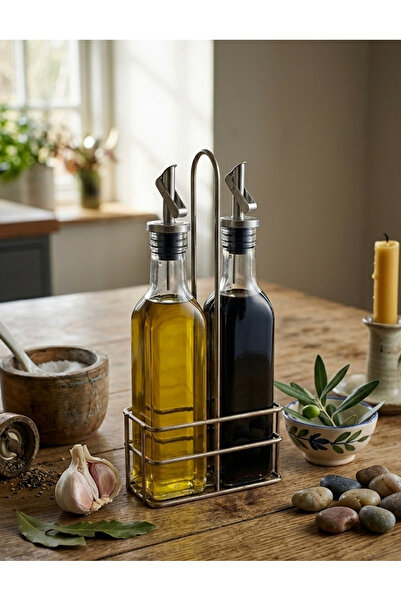 PALU Glass Oil Pot and Vinegar Pot Set with Stand, 2-Piece Oil Pot with Metal...
