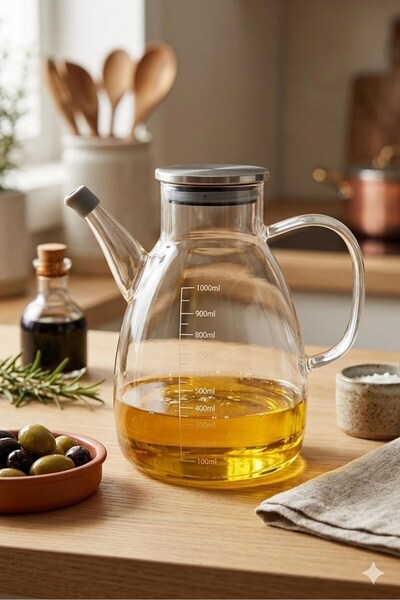 Hellomani Borosilicate Glass Oil Container Vinegar Container 1000ml Oil Pot T...