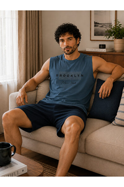 Vesperia Erkek Sıfır Kol Şortlu %100 Pamuk Pijama Takımı