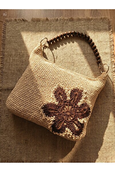 Meya design Women's Coffee Flower Motif Special Hand Knitted Zippered Shoulde...