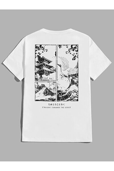 EVIus Tricou unisex supradimensionat, în stil japonez, cu imprimeu pe spate, 100% bumbac