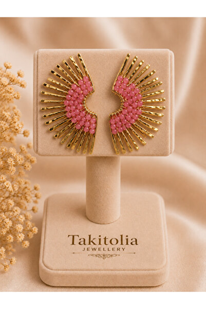 Takıtolia Bemine Pink Bead Embellished Gold Color Elegant Sparkling Vintage S...
