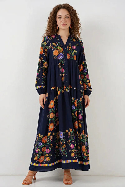 buğrahayalin Women's V-Neck Gathered Waist Floral Patterned Viscose Navy Blue...