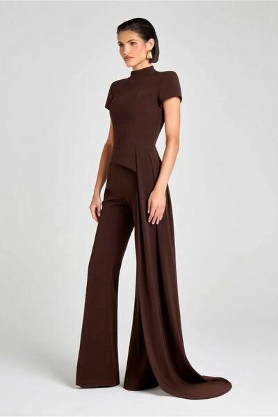 qeteen Women's Brown Shawl Detailed Short Sleeve Pants Stylish Event Set