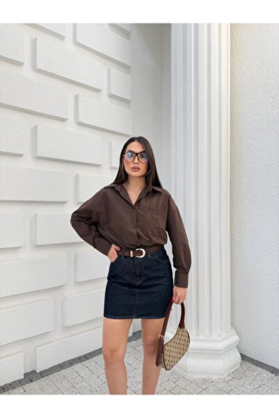 Oversize Poplin Gömlek Çift Cepli Geniş Kesim Uzun Kol Bluz Kadın Trend Modern Stil Basic Gömlek