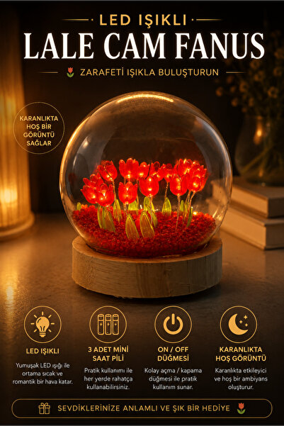 Deryal Hediyelik LED Işıklı Laleli Cam Fanus Kırımız