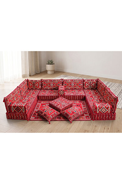 FEYZA DECOR HOME Kırmızı Anadolu Desenli Geleneksel Yer Minderi ve Sırt Dayam...